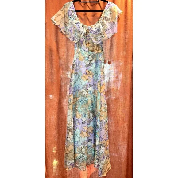 VTG 60 70s Lady Print Hostess Maxi Dress Floral Iris Stars boho fairy womens 5